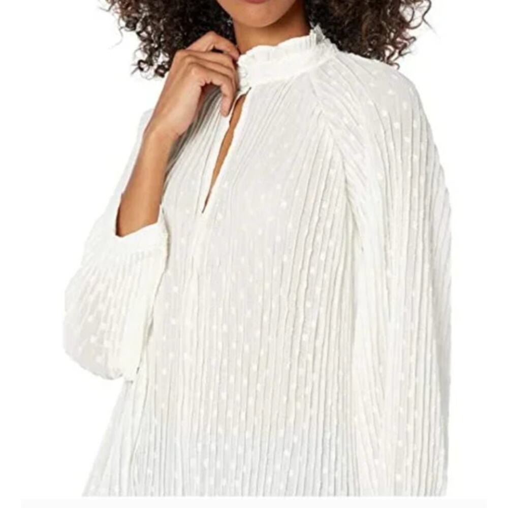 Anthropologie Bishop + Young White Sheer Swiss Dot Pleated Long Sleeve Blouse